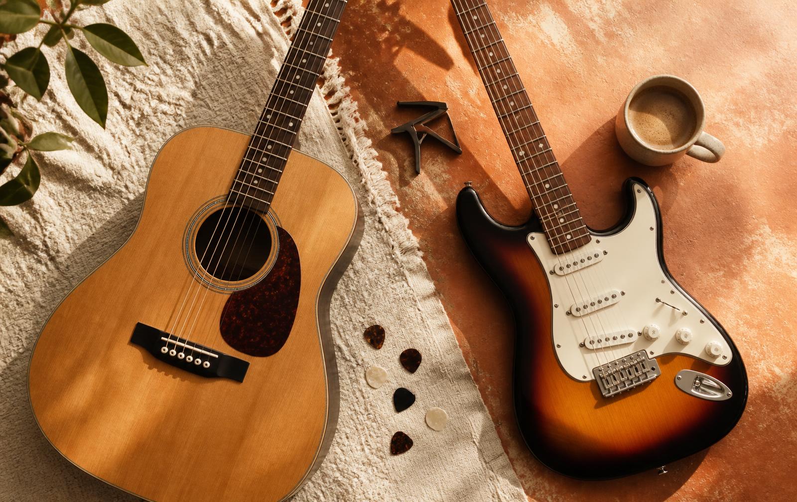 Acoustic and electric guitars laid out with plectrums and coffee